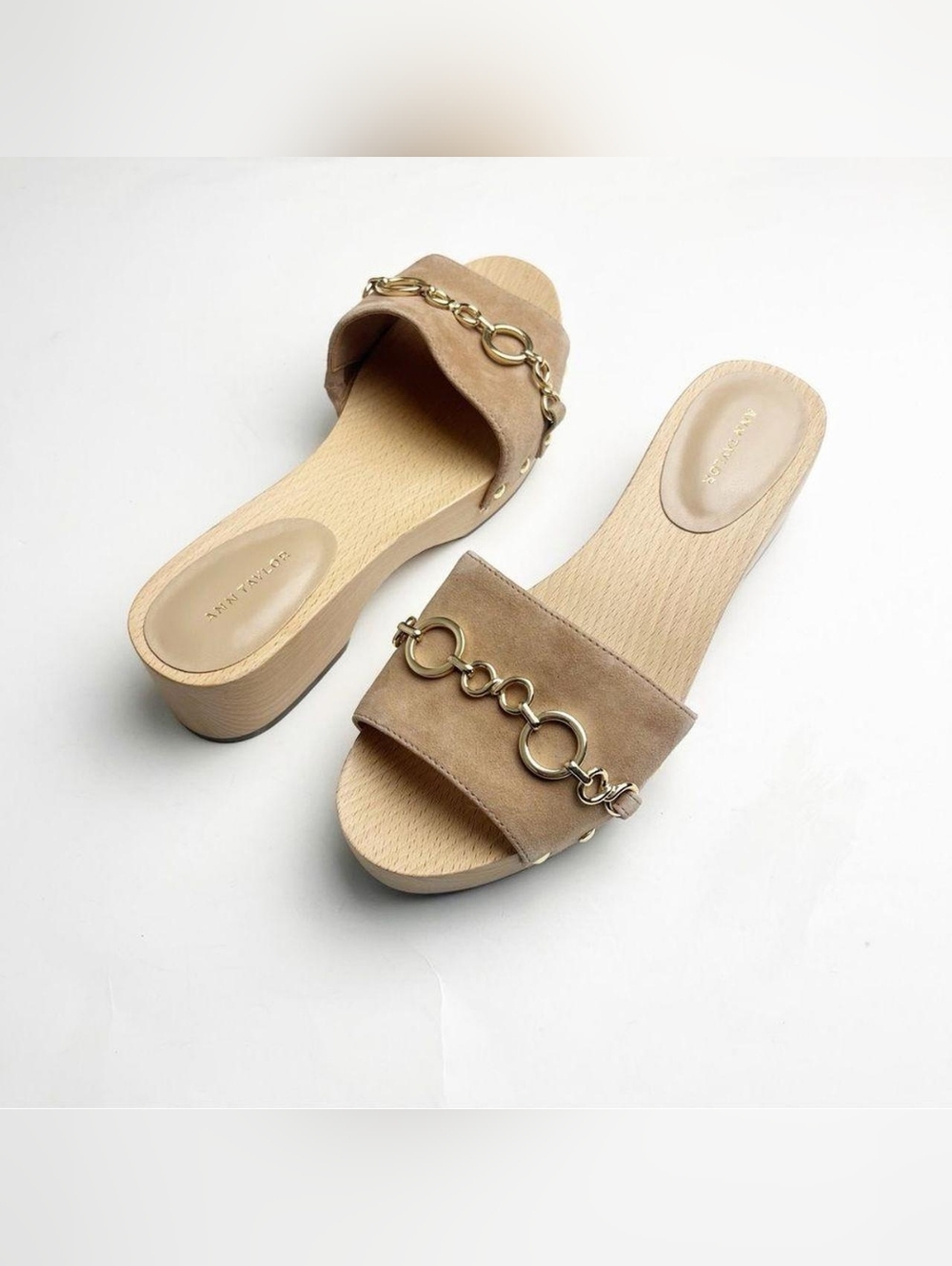 Ann Taylor Missy Leather Dominican Sand Chain Mule Clog Slides Sandals